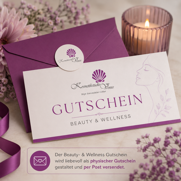 Beauty- & Wellness Gutschein von Kosmetikstudio Venus in eleganter Geschenkoptik mit lila Farbakzenten und Wellness Atmosphäre