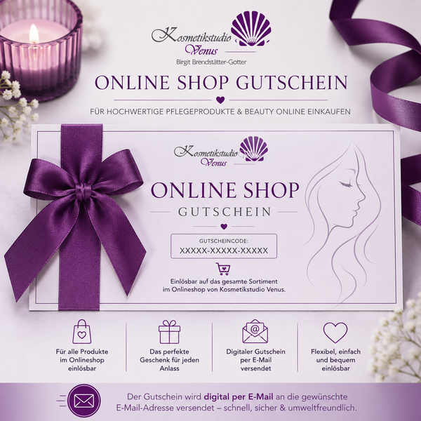 Eleganter Online Shop Gutschein von Kosmetikstudio Venus für Beauty- und Pflegeprodukte in lila und weißen Farbtönen